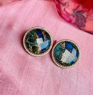 Faux Marble Blue With Gold Combination Stud Earrings - Unique Stone Jewelry for Women & Girls.