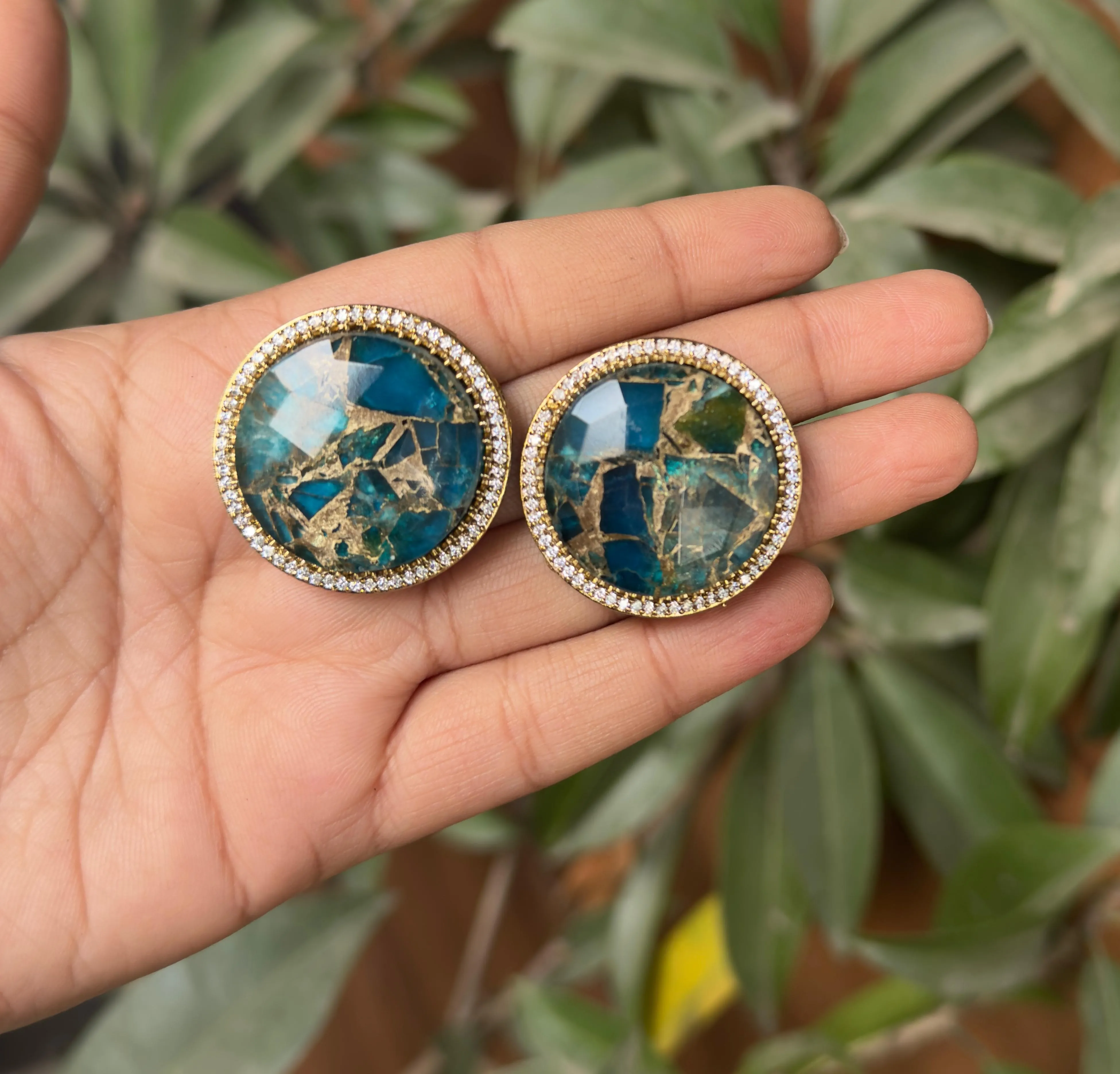 Faux Marble Blue With Gold Combination Stud Earrings - Unique Stone Jewelry for Women & Girls.