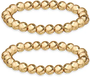 Gold Beaded Bracelets for Women Stackable 14K Gold Plated Brass Bead Ball Stretch Bracelet Bangle for Women Men 10mm 8mm 6mm