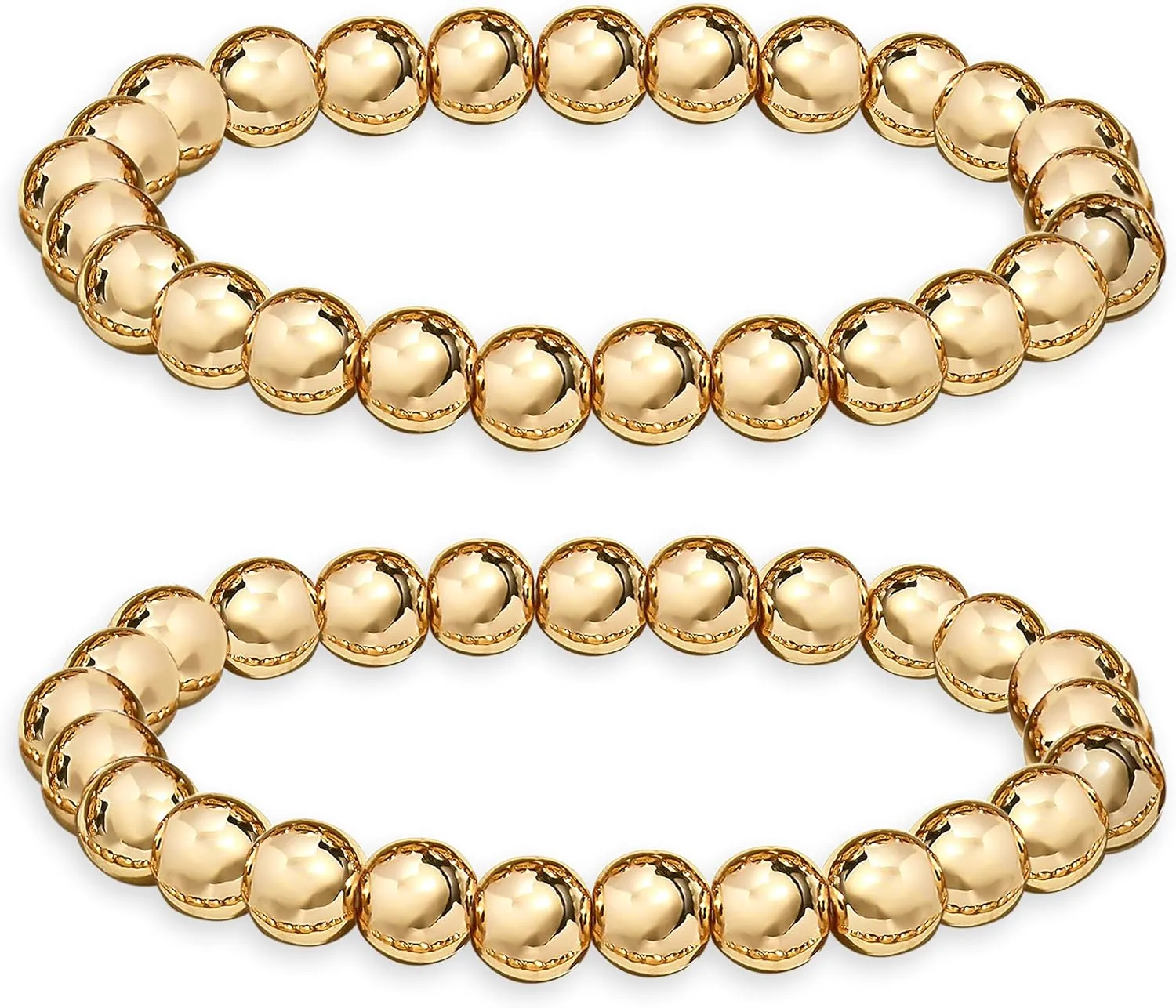 Gold Beaded Bracelets for Women Stackable 14K Gold Plated Brass Bead Ball Stretch Bracelet Bangle for Women Men 10mm 8mm 6mm