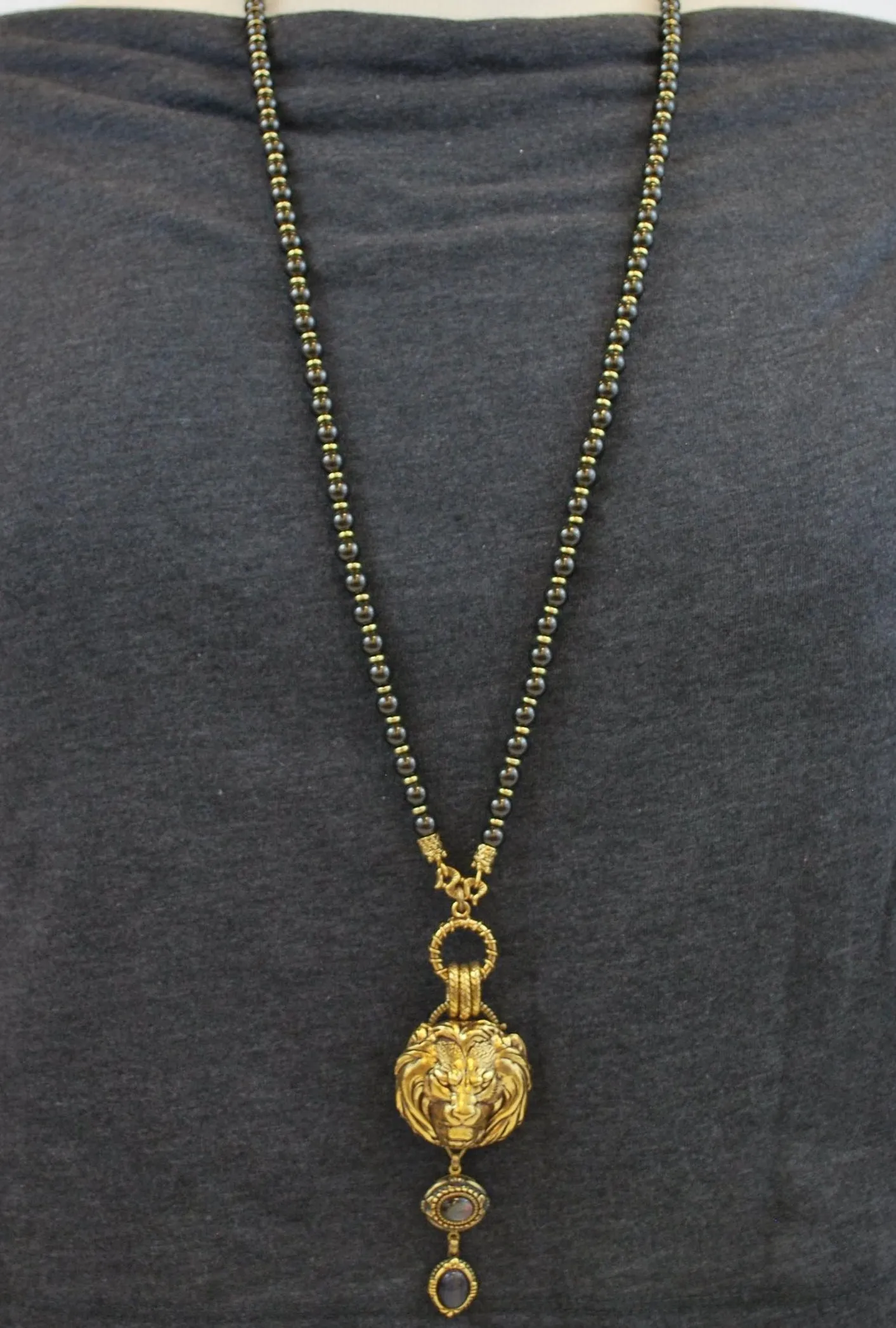 Gold Lion Head Necklace with Charcoal Drop