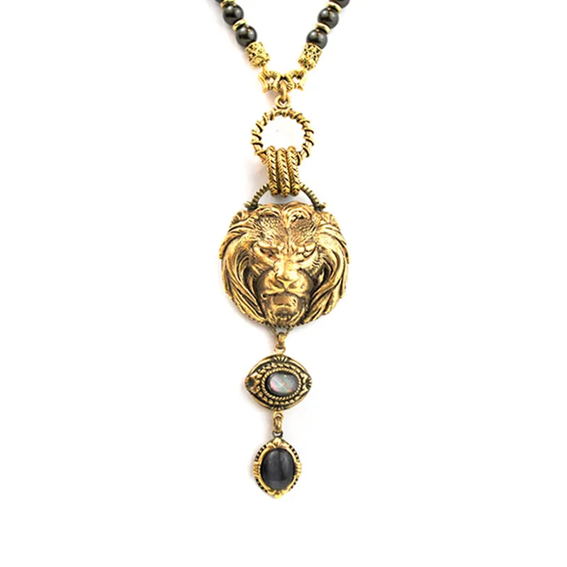 Gold Lion Head Necklace with Charcoal Drop