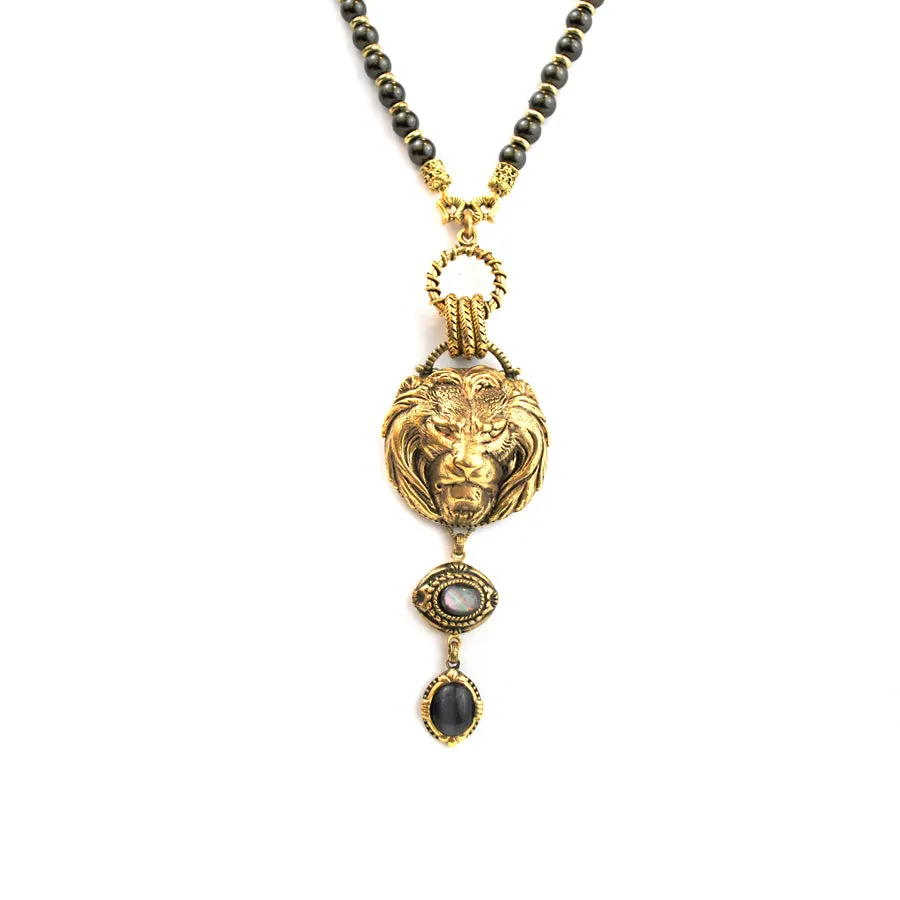 Gold Lion Head Necklace with Charcoal Drop