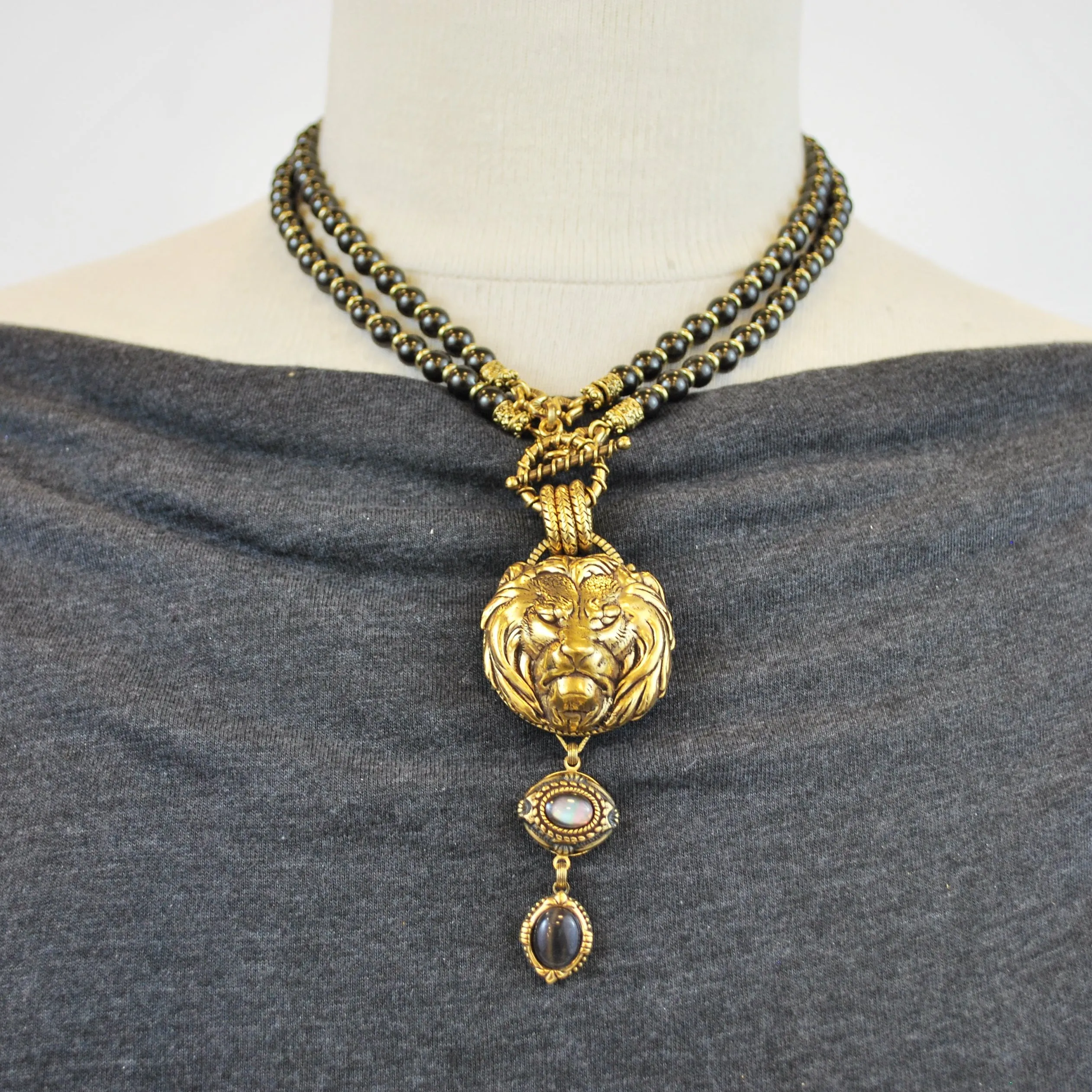 Gold Lion Head Necklace with Charcoal Drop
