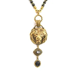 Gold Lion Head Necklace with Charcoal Drop