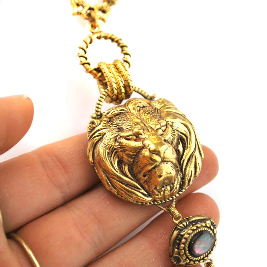 Gold Lion Head Necklace with Charcoal Drop