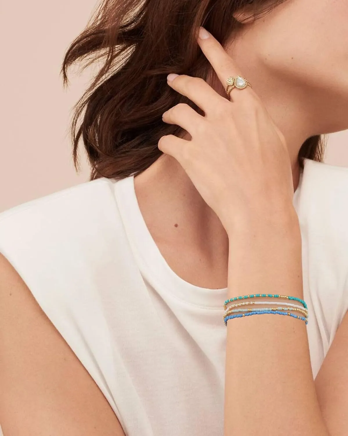 Gold Pearl Beaded Bracelets for Women Stackable Set, Elegant Delicate Paperclip Link Stretch Chain Summer Bracelet Dainty Trendy Gold Jewelry Birthday Gift