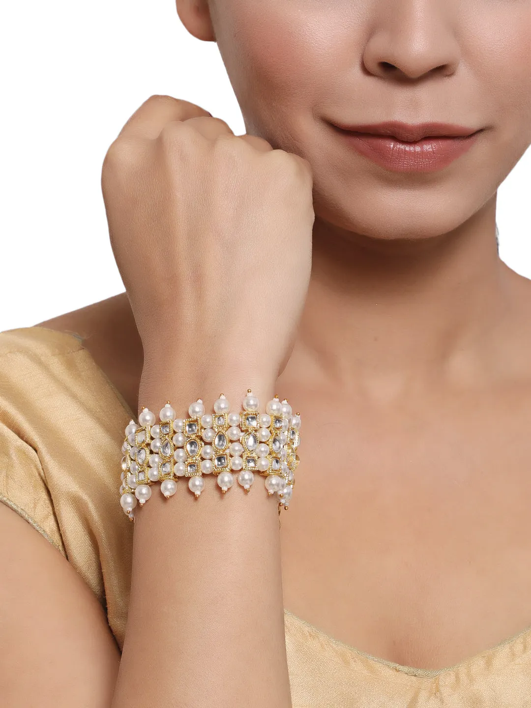 Gold-Plated Pearl & Stone Studded Wraparound Bracelet