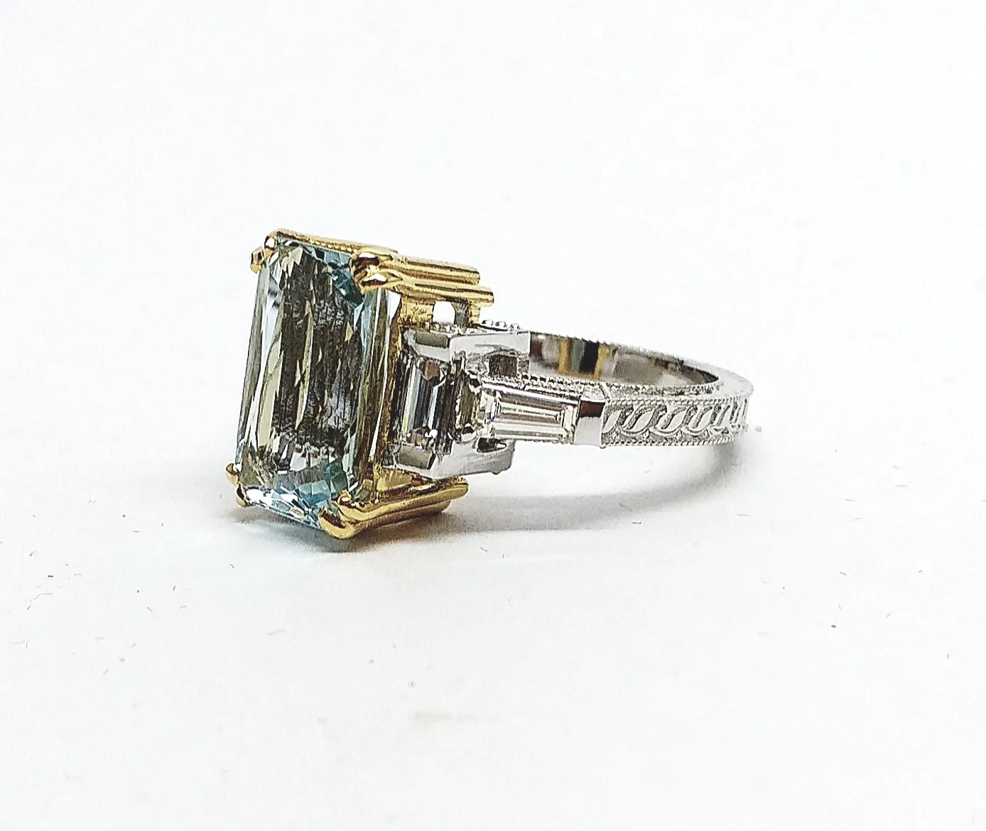 Hand-Engraved Aquamarine and  Diamond  Ring