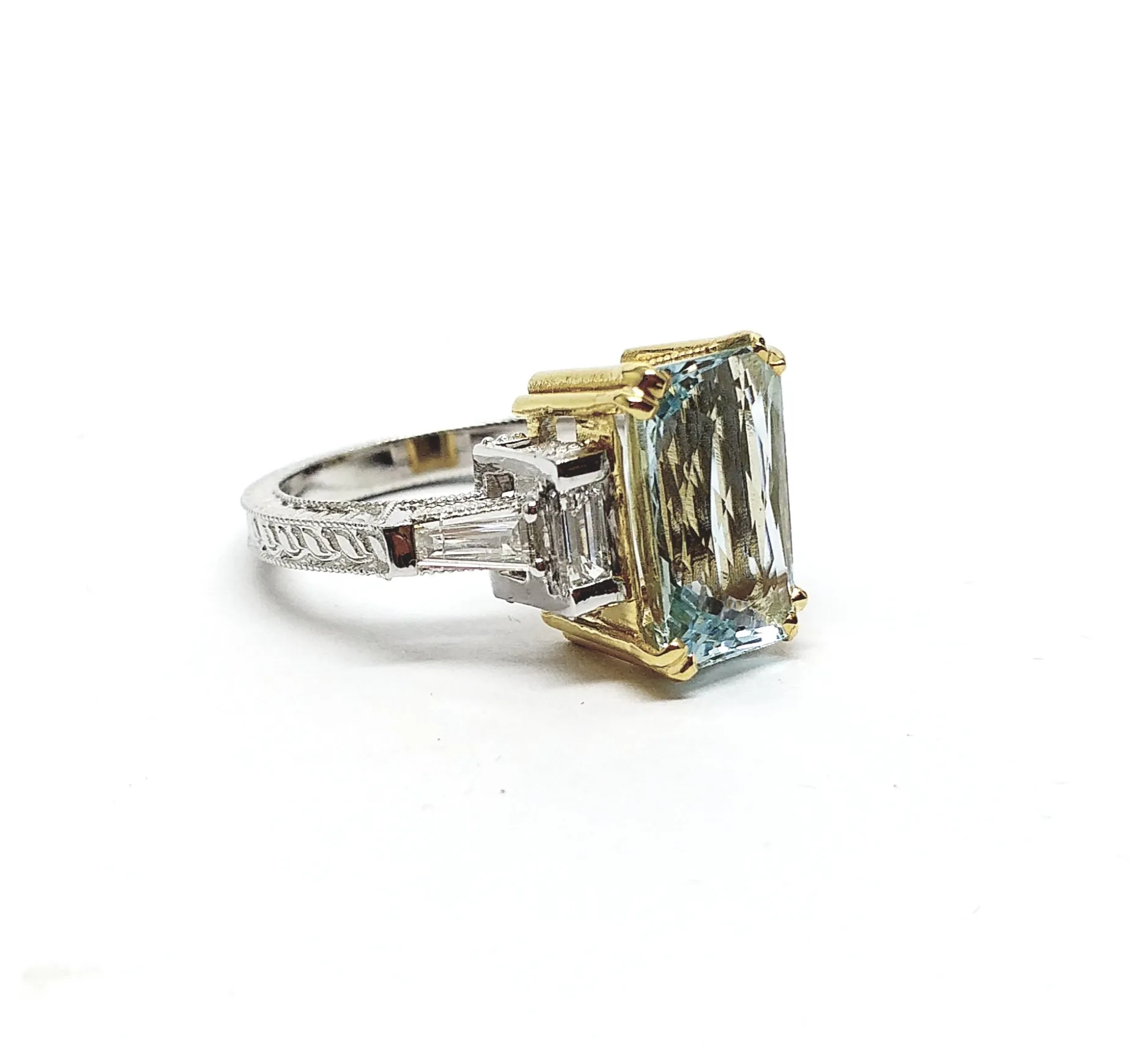 Hand-Engraved Aquamarine and  Diamond  Ring