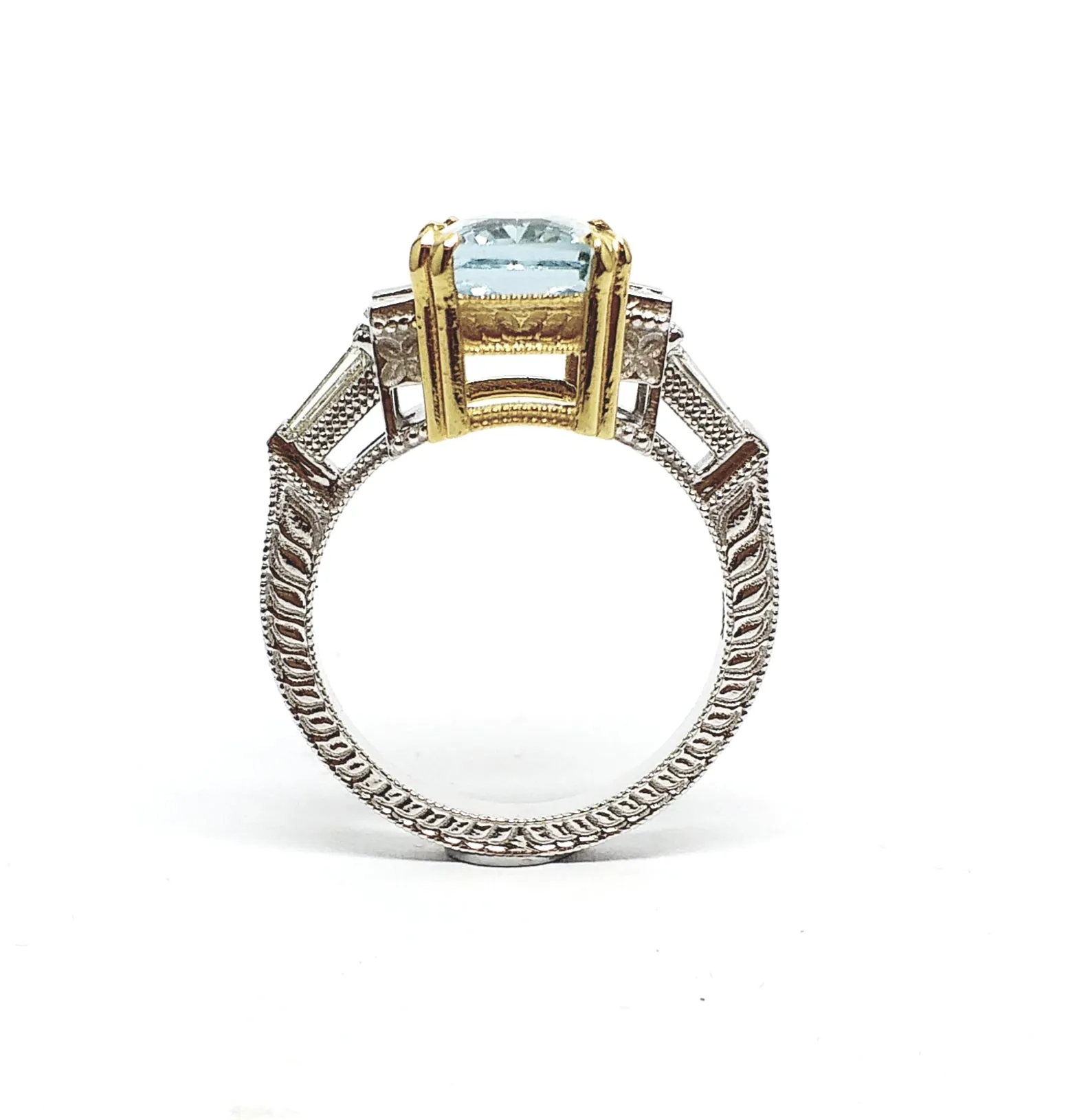 Hand-Engraved Aquamarine and  Diamond  Ring