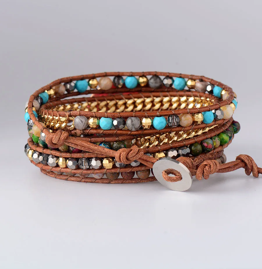 La Femme Natural Stones Drusy Leather Wrap Bracelet