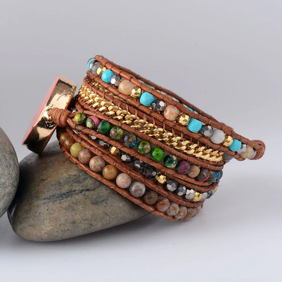 La Femme Natural Stones Drusy Leather Wrap Bracelet