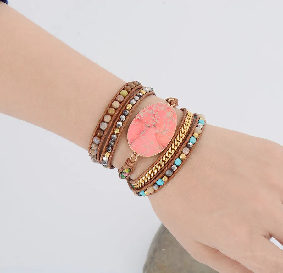 La Femme Natural Stones Drusy Leather Wrap Bracelet