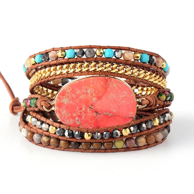 La Femme Natural Stones Drusy Leather Wrap Bracelet