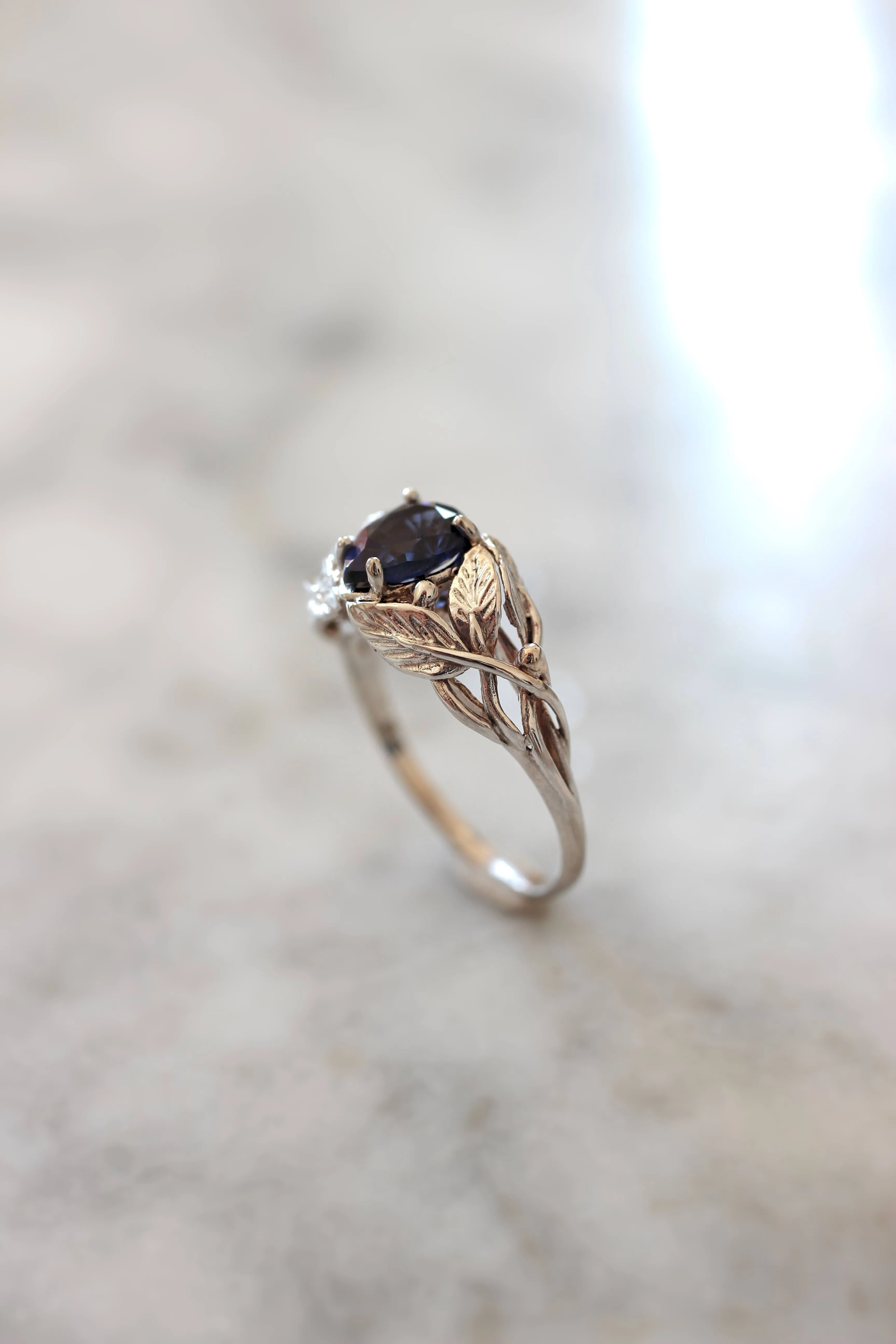 Lab sapphire engagement ring, leaves ring / Viola