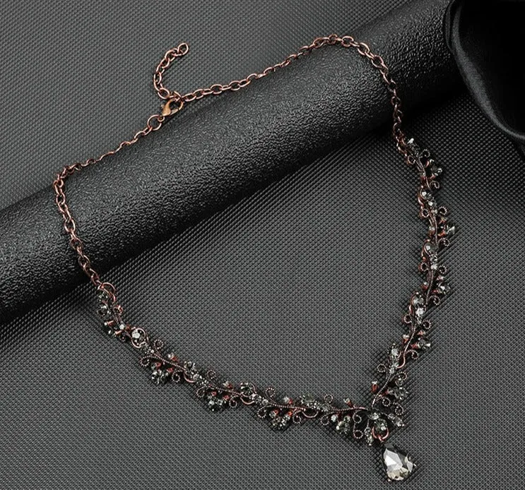 Leaf & Water Drop Gemstone Necklace & Collarbone Chain Vintage Jewelry Set For Women