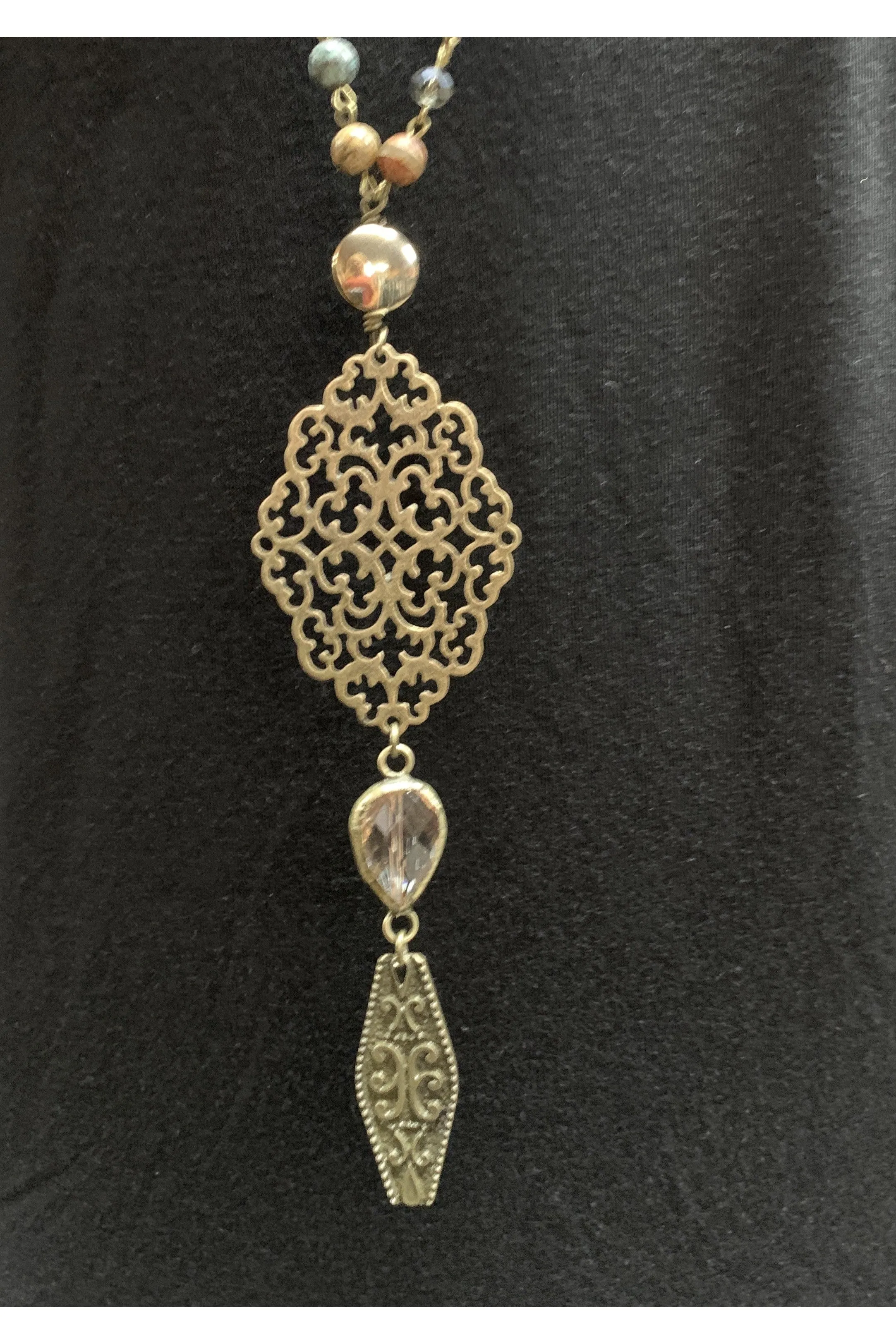 Lost And Found Bead And Crystal Long Necklace With Filigree Charm And Crystal Dangle