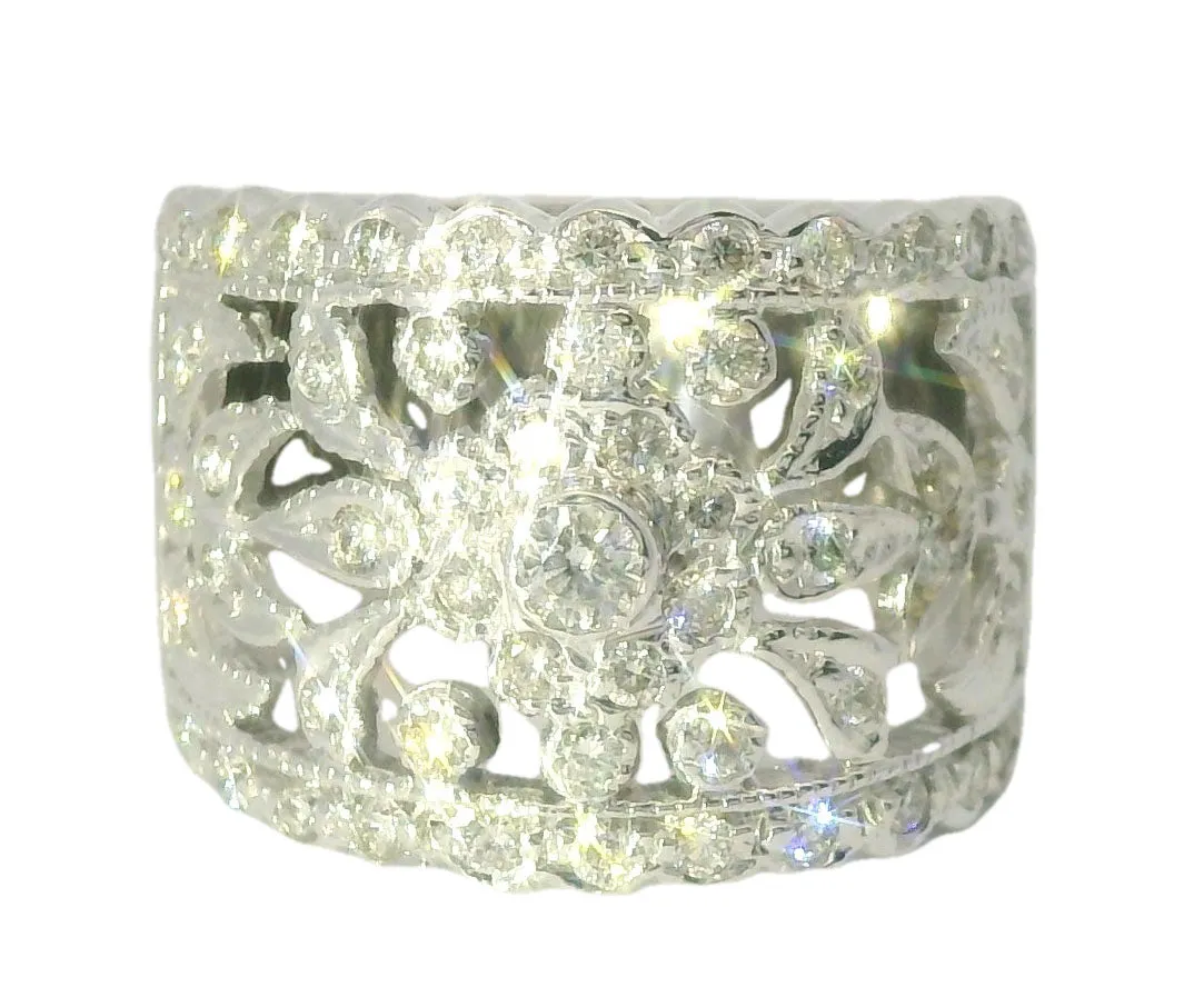 Magnificent Estate 18K White Gold Ornate Diamond Wedding Band Ring