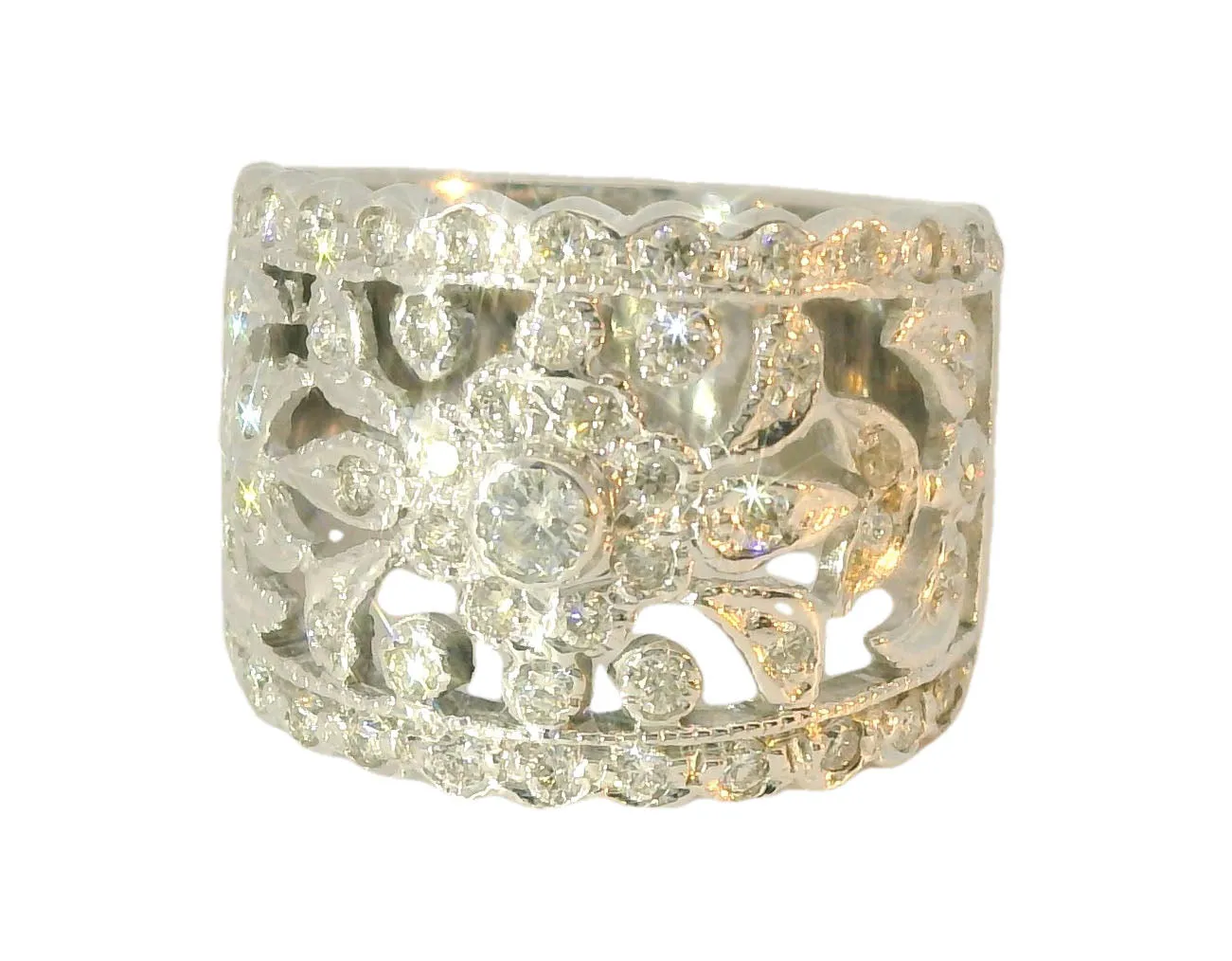 Magnificent Estate 18K White Gold Ornate Diamond Wedding Band Ring