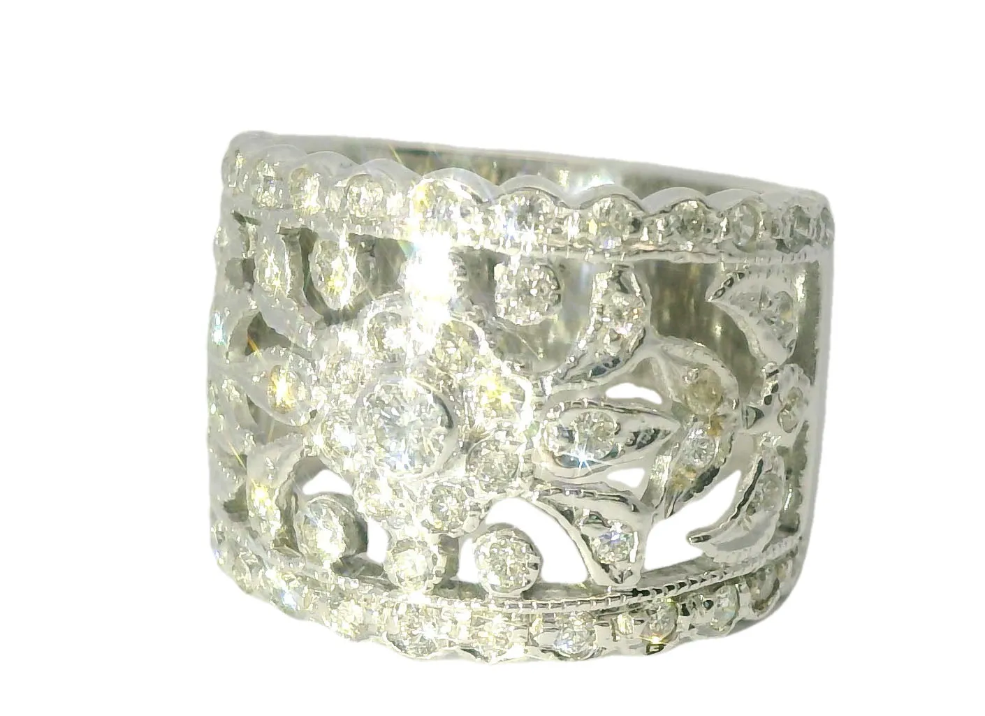 Magnificent Estate 18K White Gold Ornate Diamond Wedding Band Ring