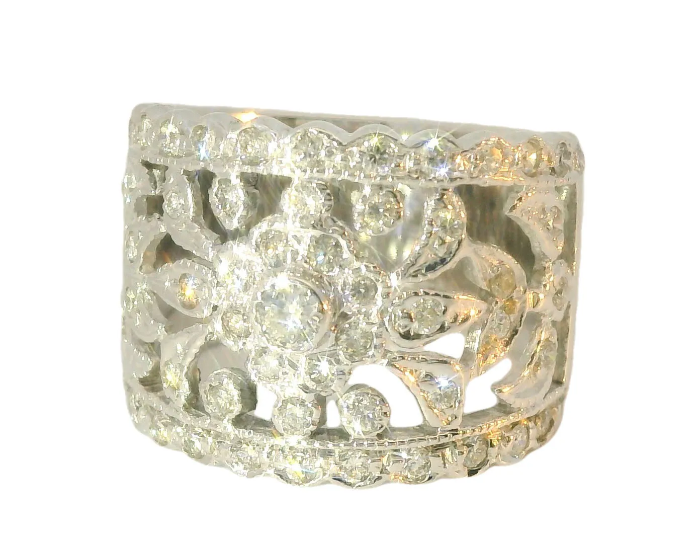 Magnificent Estate 18K White Gold Ornate Diamond Wedding Band Ring