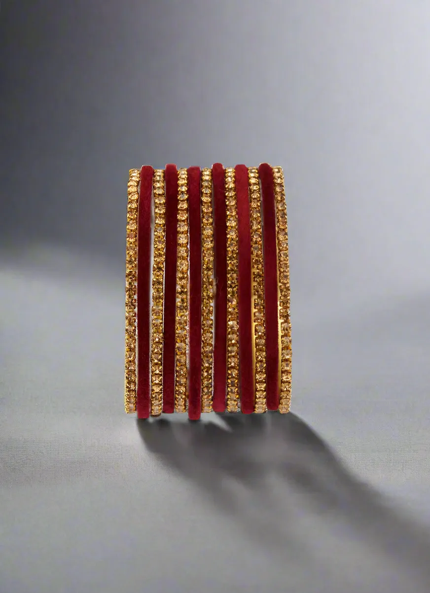 Maroon Velvet & Diamante Kids Bangle Sets