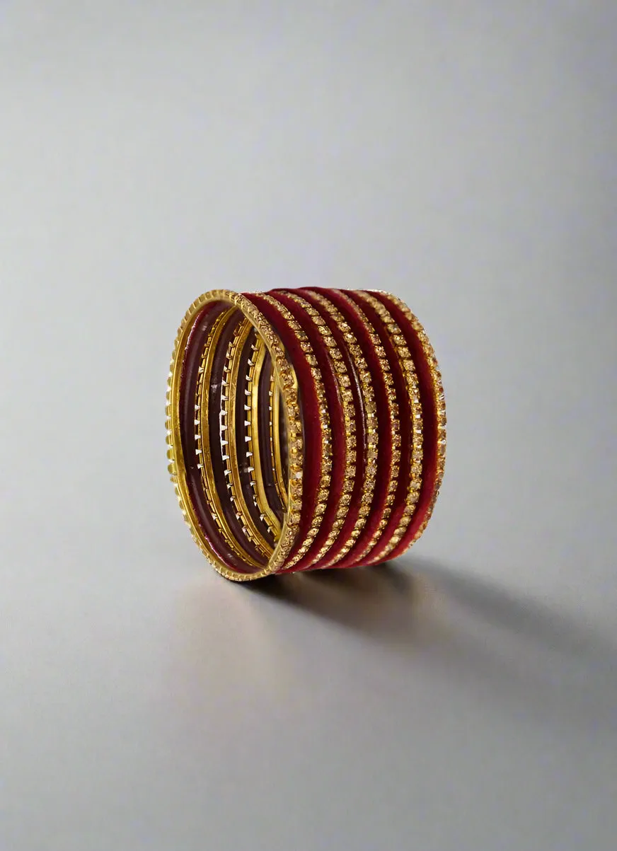Maroon Velvet & Diamante Kids Bangle Sets