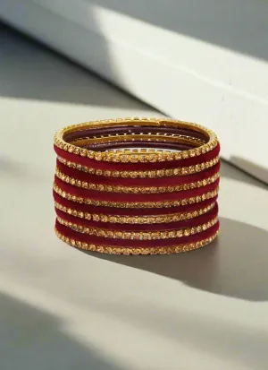 Maroon Velvet & Diamante Kids Bangle Sets