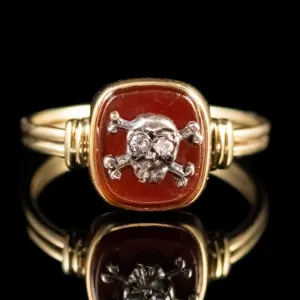 Memento Mori Diamond Carnelian Skull Crossed Bones Ring 18Ct Gold