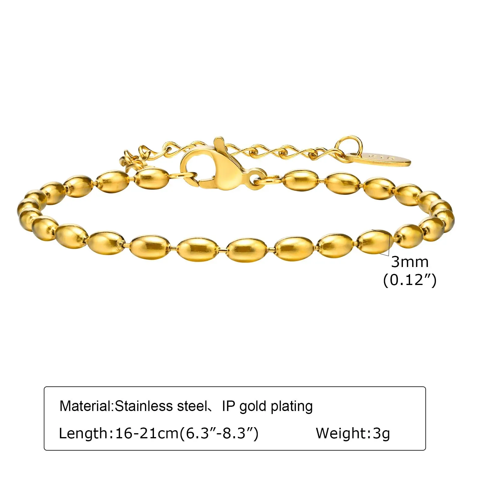 Mens 2/3/5mm Beads Chain Bracelets,Waterproof Stainless Steel Links Wristband