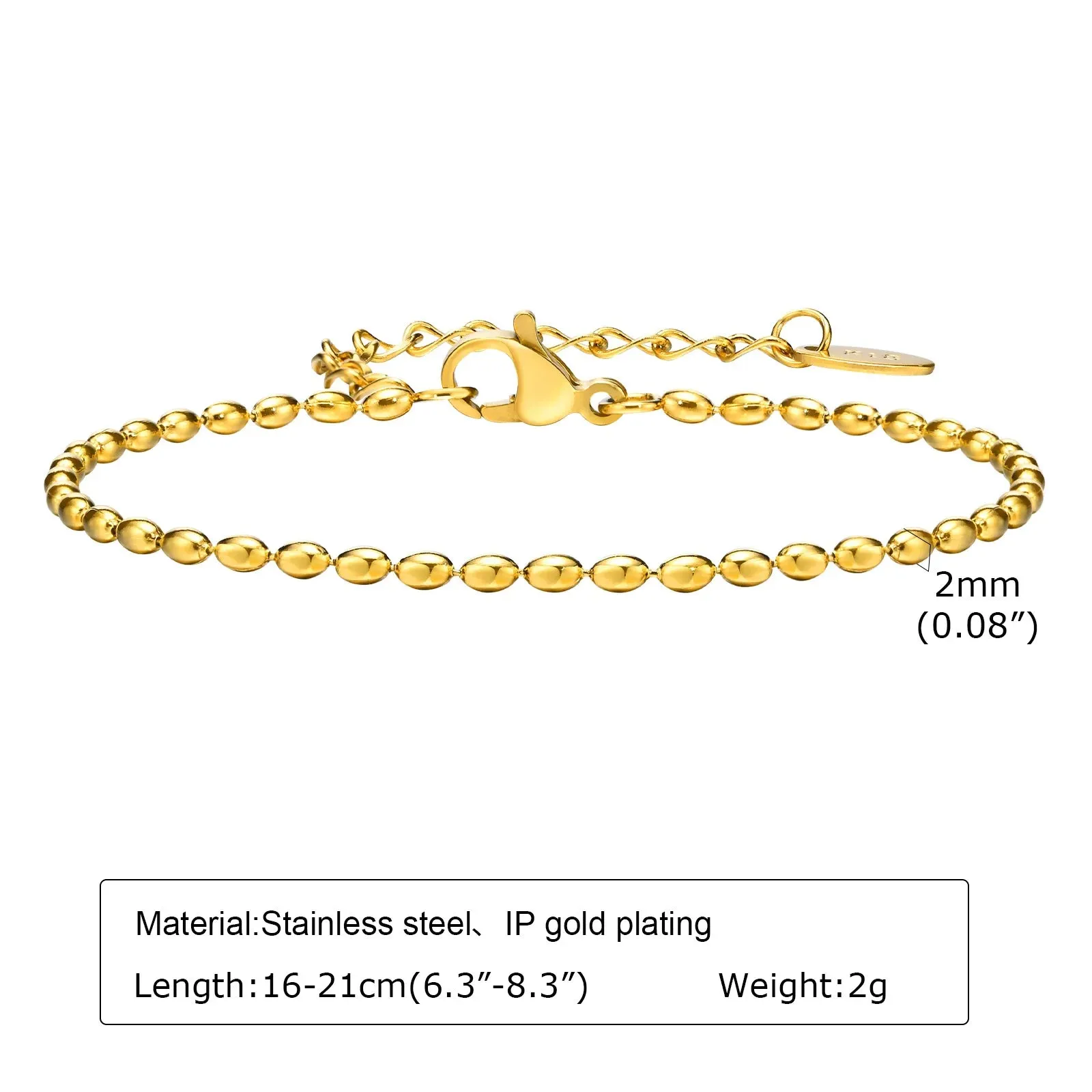 Mens 2/3/5mm Beads Chain Bracelets,Waterproof Stainless Steel Links Wristband