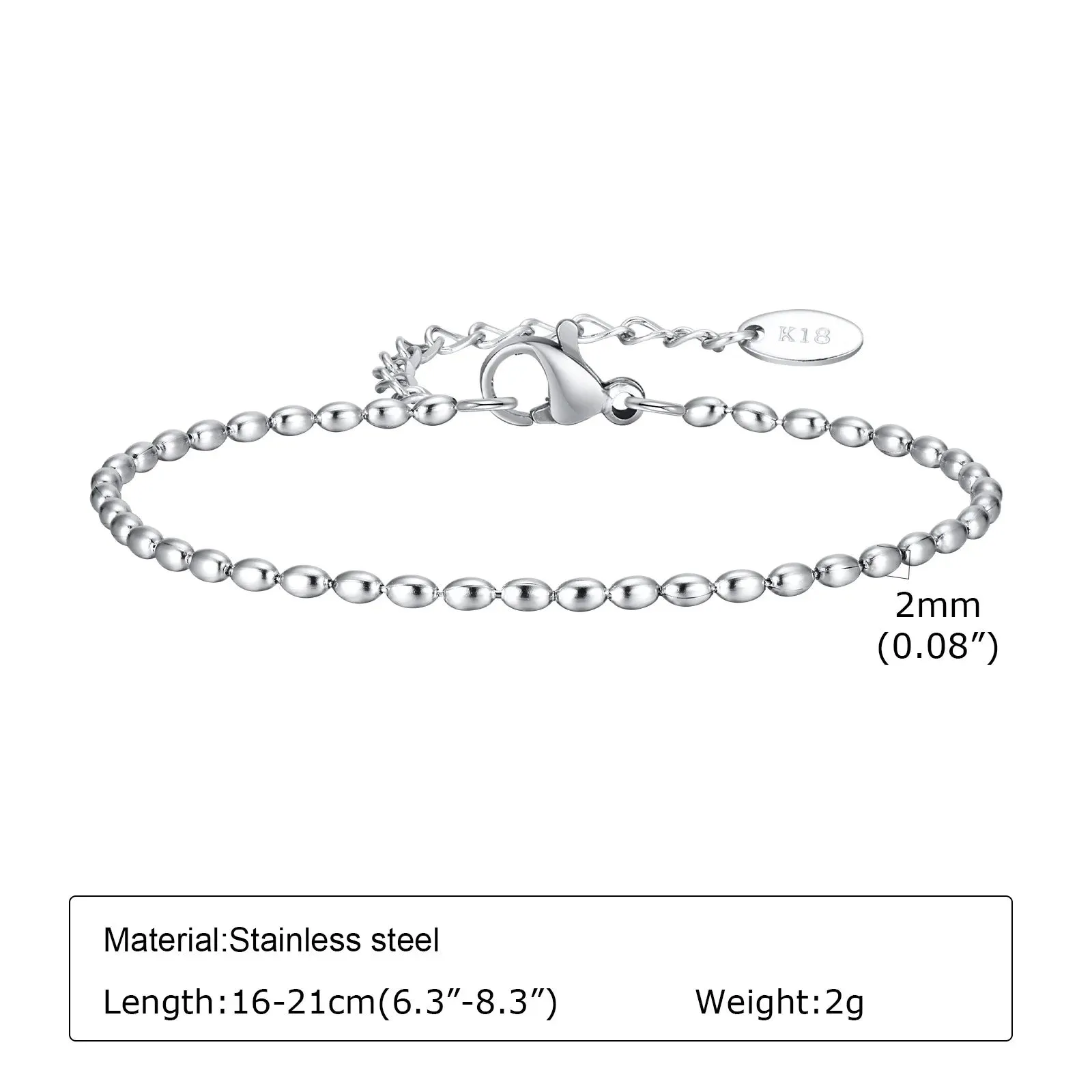 Mens 2/3/5mm Beads Chain Bracelets,Waterproof Stainless Steel Links Wristband