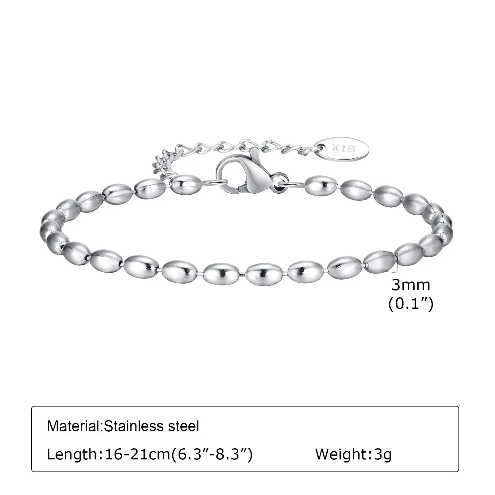Mens 2/3/5mm Beads Chain Bracelets,Waterproof Stainless Steel Links Wristband