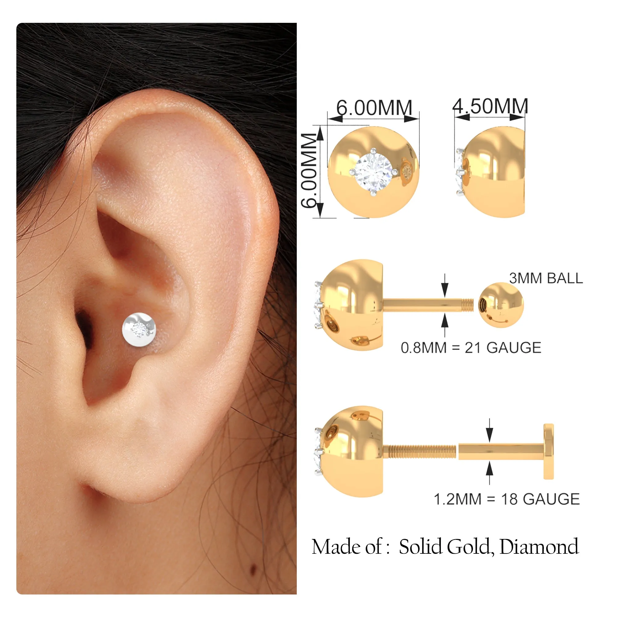 Modern Moissanite Upper Lobe Earring in Gold