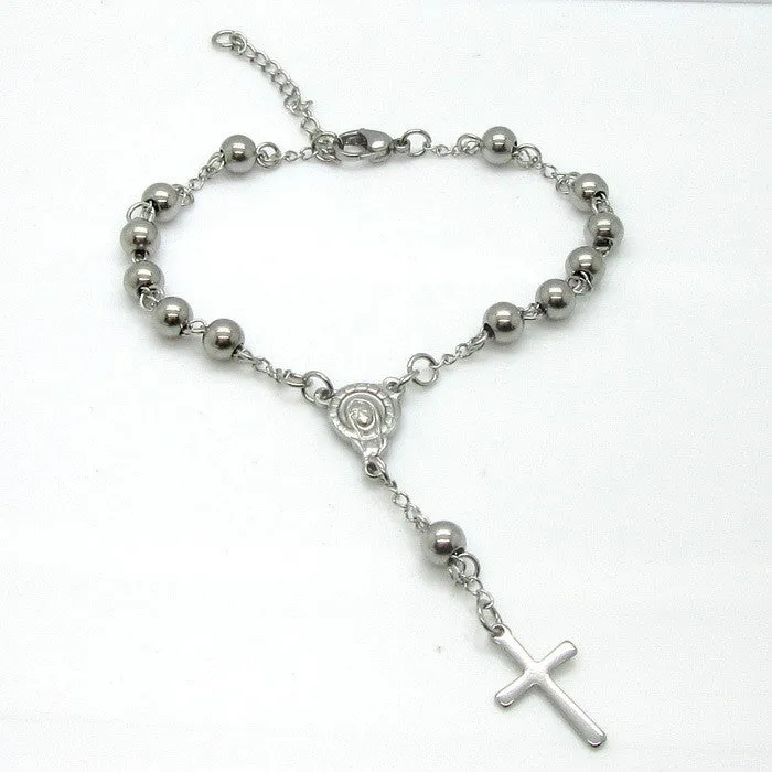 New Desginer Top Quality Women Accessories Stainless Steel Bead Bracelet With Cross Pendant Pulseiras Pulseras Rosary Bracelets