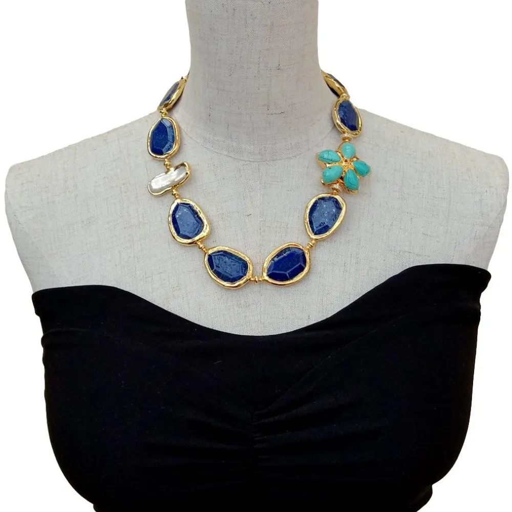 NS 19 Inch Natural Pearl Lapis Lazuli Chunks Turquoise Electroplated Gold 18K Necklace for Women
