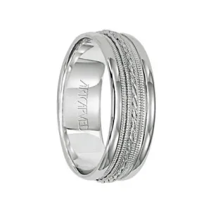 OPULENCE 14k White Gold Wedding Band Engraved Milgrain Center Design with Rolled Edges by Artcarved - 7mm