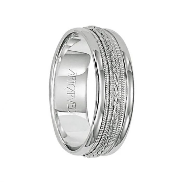 OPULENCE 14k White Gold Wedding Band Engraved Milgrain Center Design with Rolled Edges by Artcarved - 7mm