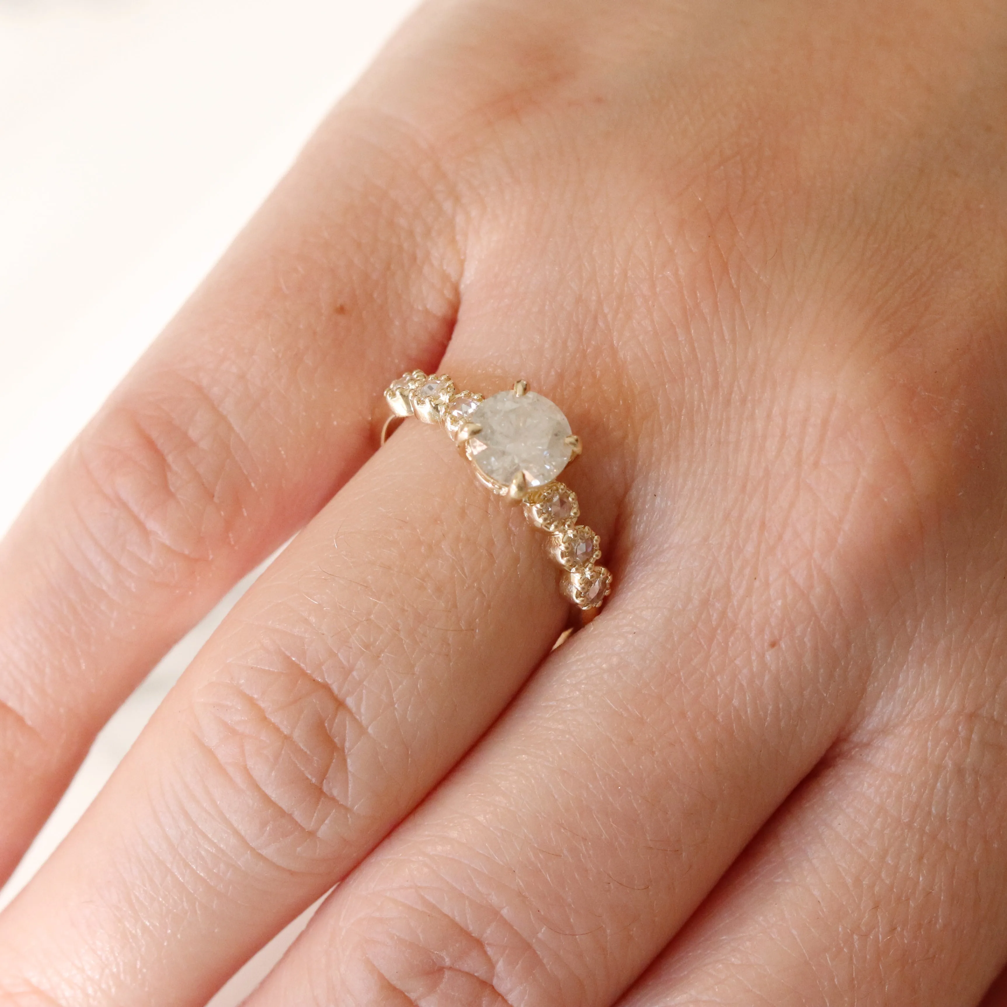 Project: Custom Rudy Ring with a 1 Carat White Misty Salt and Pepper Diamond with Rose Cut Accent Stones in 14k