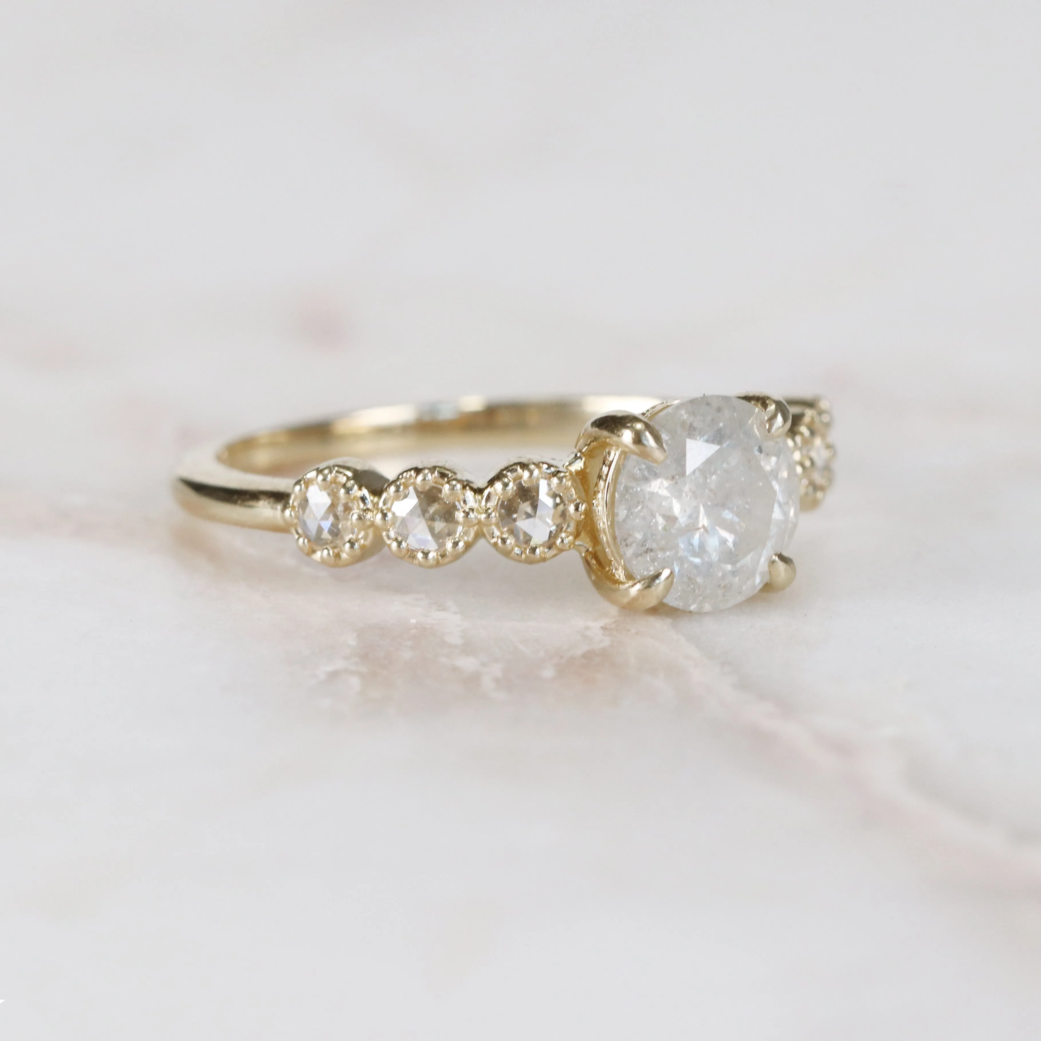 Project: Custom Rudy Ring with a 1 Carat White Misty Salt and Pepper Diamond with Rose Cut Accent Stones in 14k