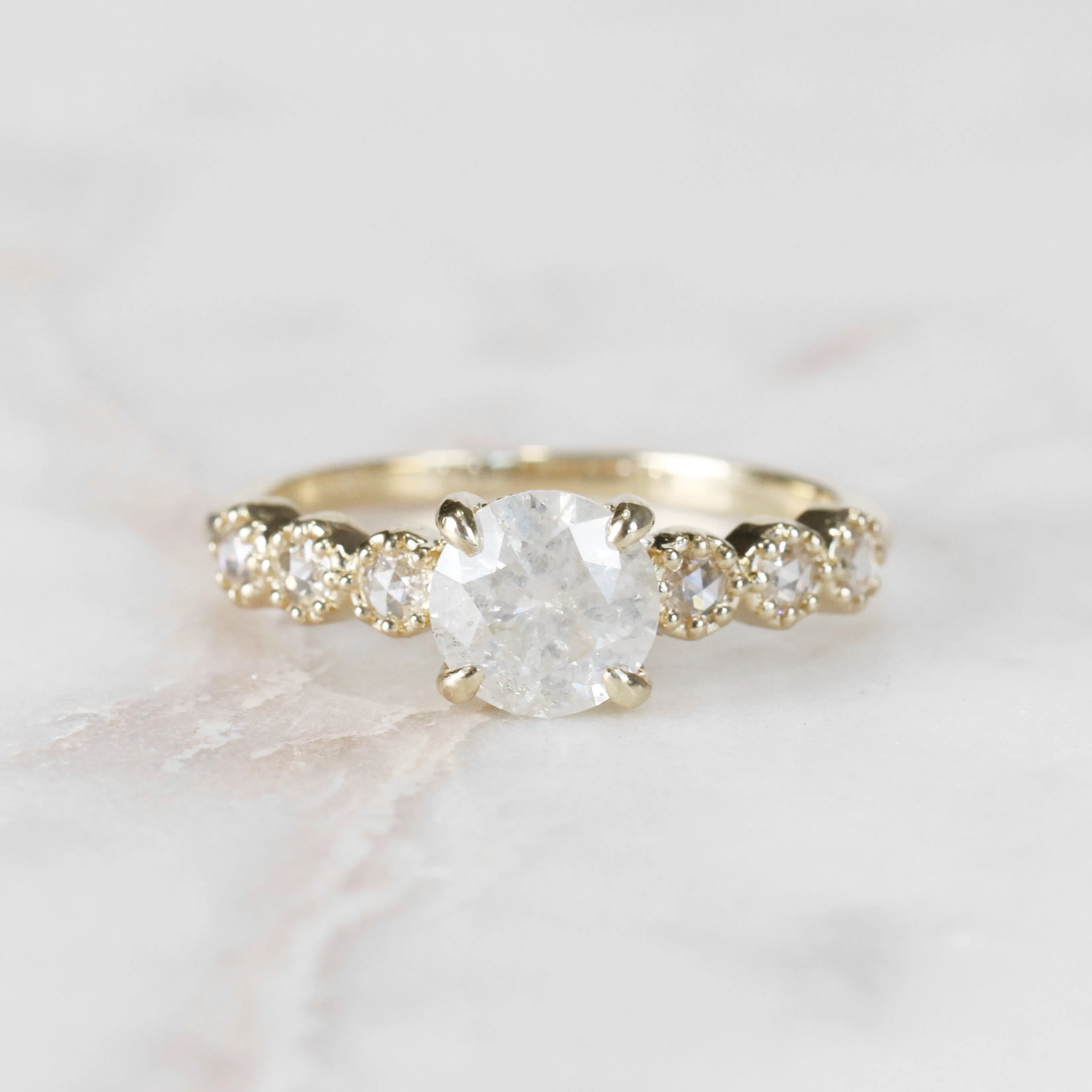 Project: Custom Rudy Ring with a 1 Carat White Misty Salt and Pepper Diamond with Rose Cut Accent Stones in 14k