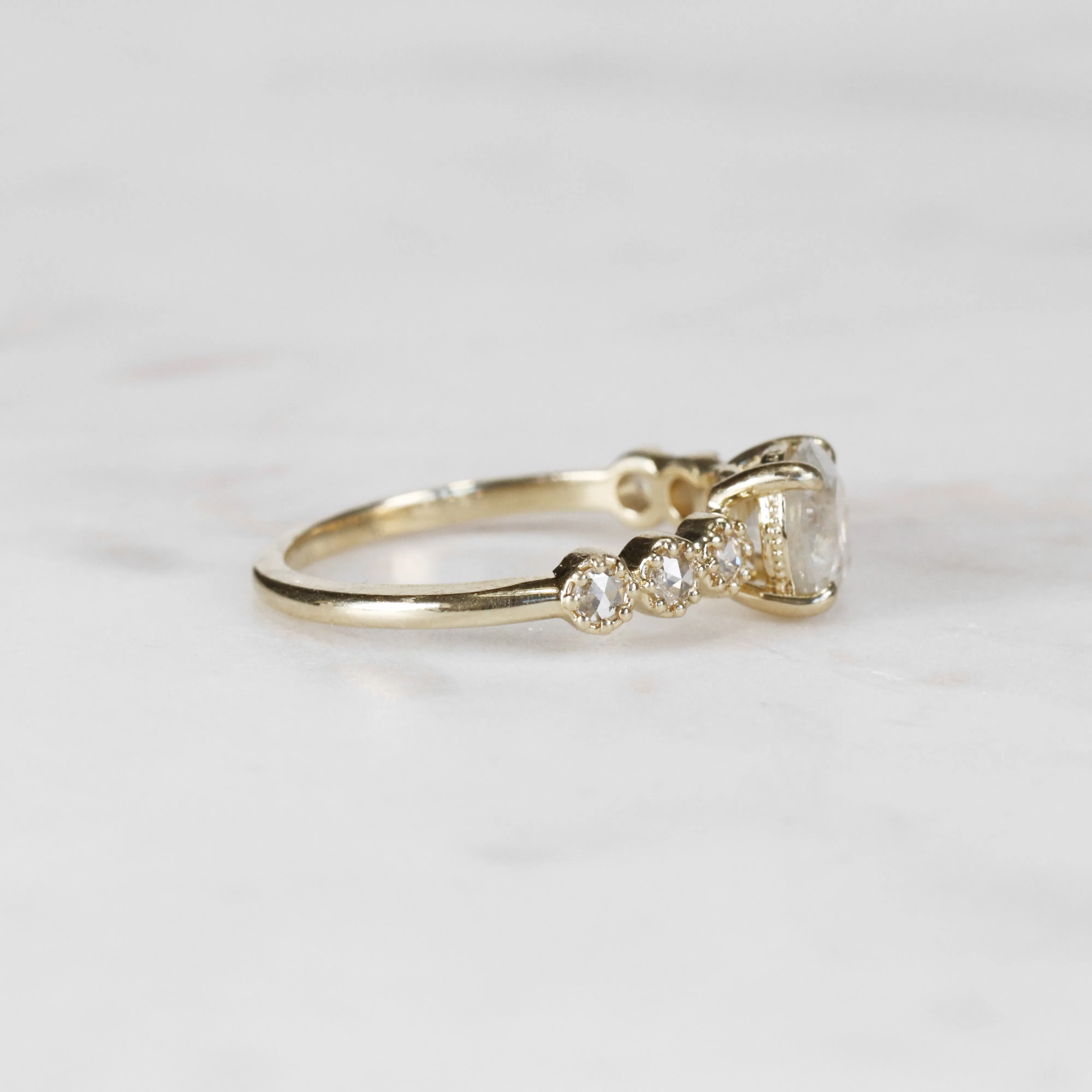 Project: Custom Rudy Ring with a 1 Carat White Misty Salt and Pepper Diamond with Rose Cut Accent Stones in 14k