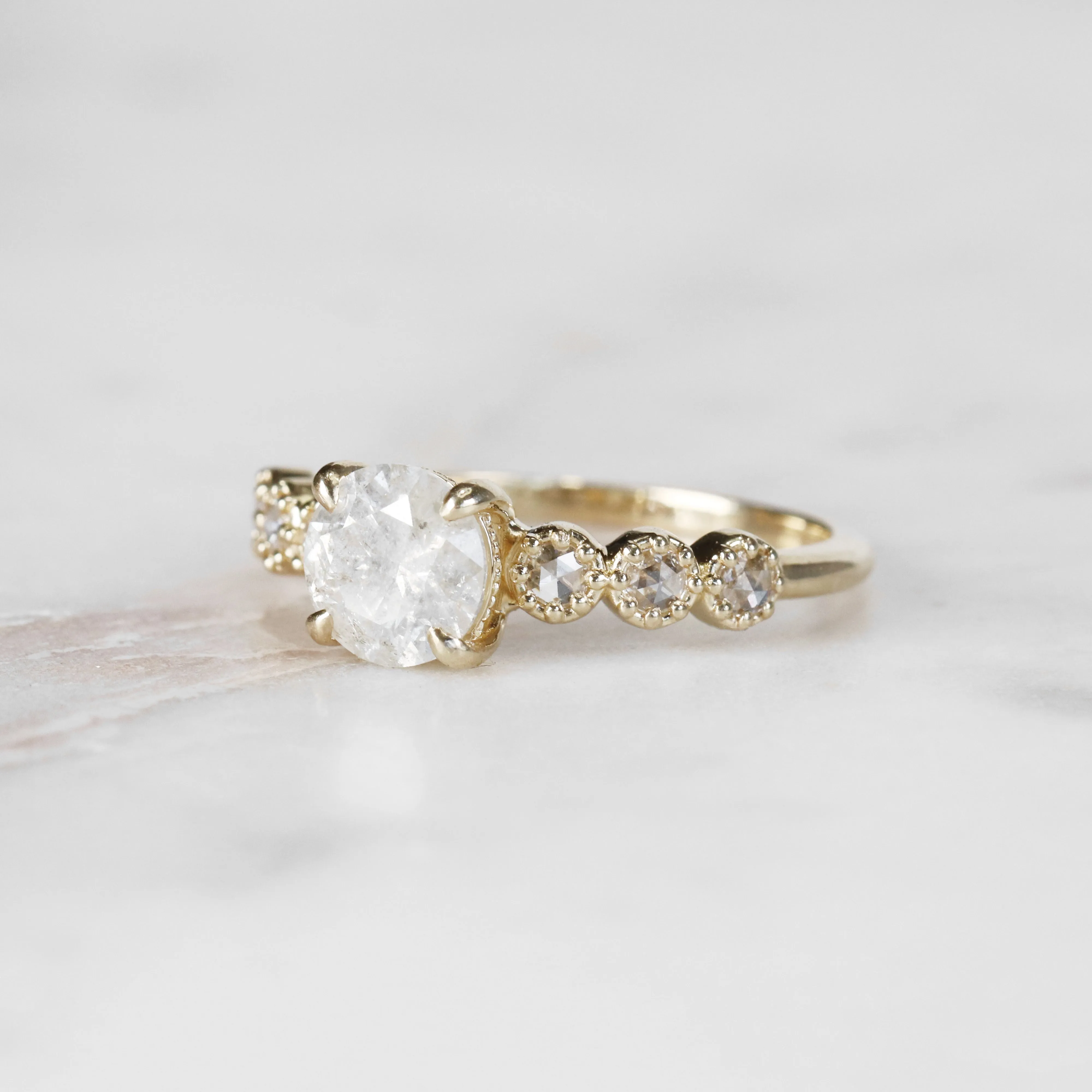 Project: Custom Rudy Ring with a 1 Carat White Misty Salt and Pepper Diamond with Rose Cut Accent Stones in 14k