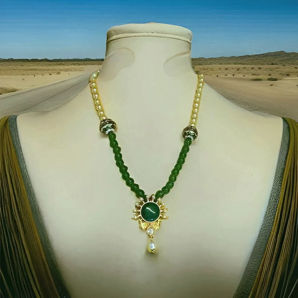 Regal Peacocks in Green Onyx with Golden Pearl Necklace