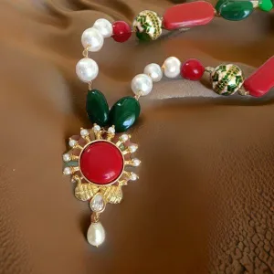 Regal Peacocks in Green Red with White Pearl Necklace