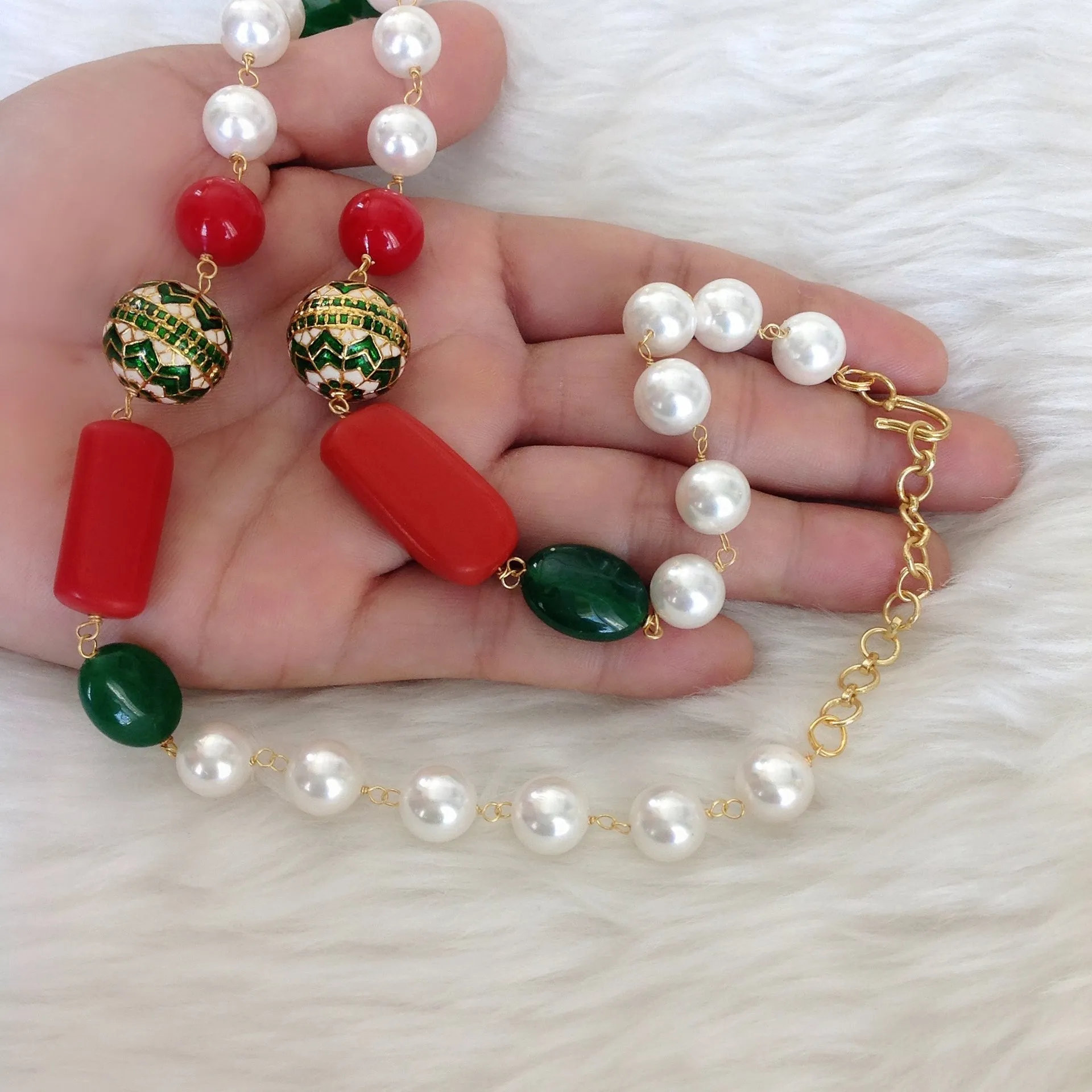 Regal Peacocks in Green Red with White Pearl Necklace
