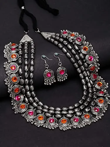 Shining Diva Fashion Latest Stylish Fancy Oxidised Silver Tribal Necklace Jewellery Set for Women (12164s), Multicolour, One