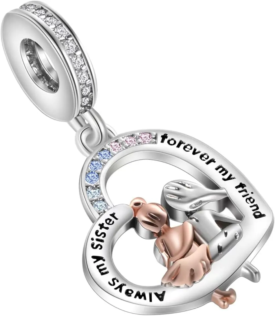 Sisters Love Heart Dangle Charm Cubic Zirconia Bead for Pandora Bracelet Women Gift