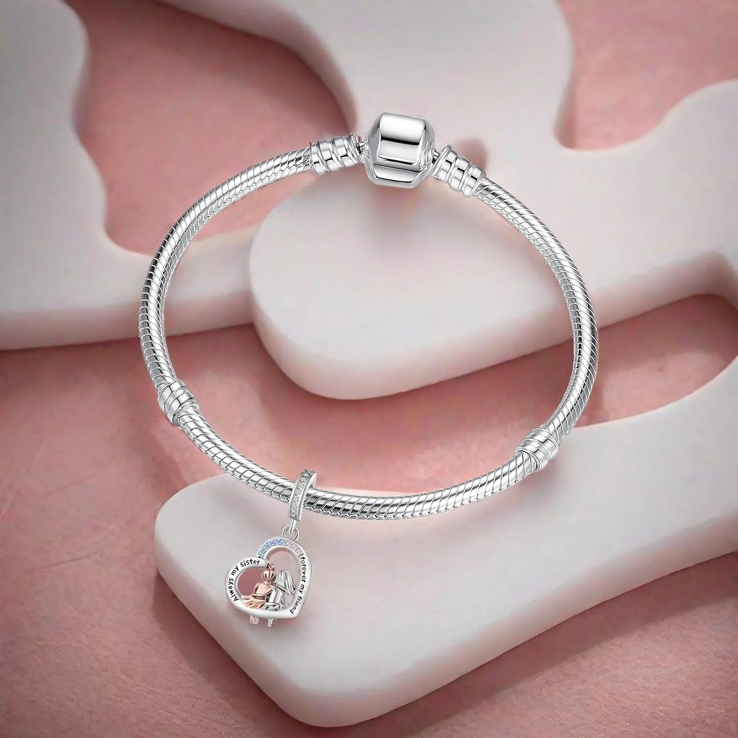 Sisters Love Heart Dangle Charm Cubic Zirconia Bead for Pandora Bracelet Women Gift